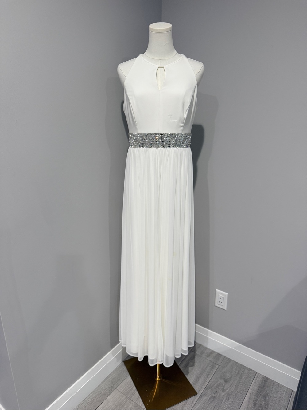Macy's White Halter Maxi Dress with Silver Beaded Waist